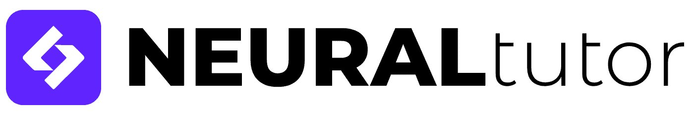 NeuralTutor logo: Abstract purple symbol with sleek black 'NeuralTutor' text. The symbol signifies AI-driven education, while the text reflects the brand name. Accessible 24/7 online tutoring service.